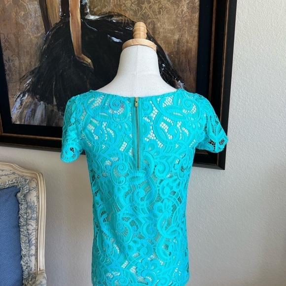 Lily Pulitzer Turquoise Lace Top Size XS Back Zip Puff Sleeve - Picture 6 of 11